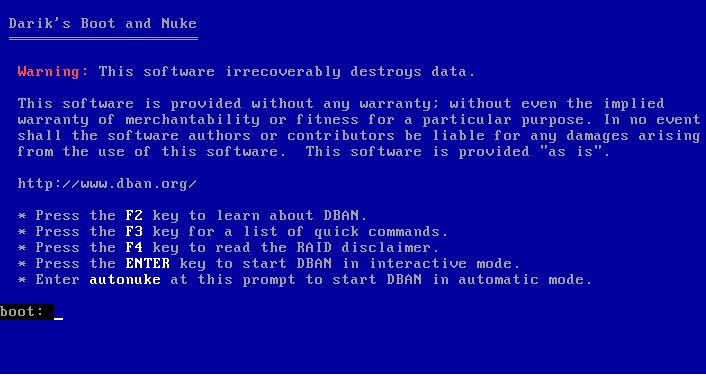 dban main screen