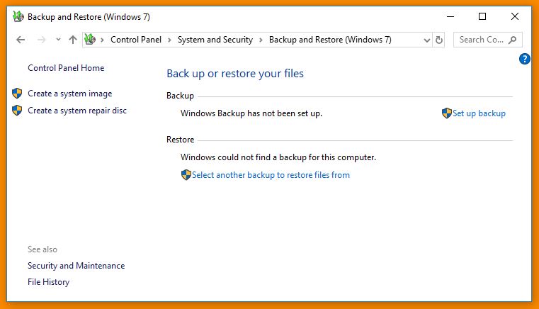 Backup and Restore in control panel
