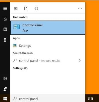 Windows 10 Control Panel search in starts menu