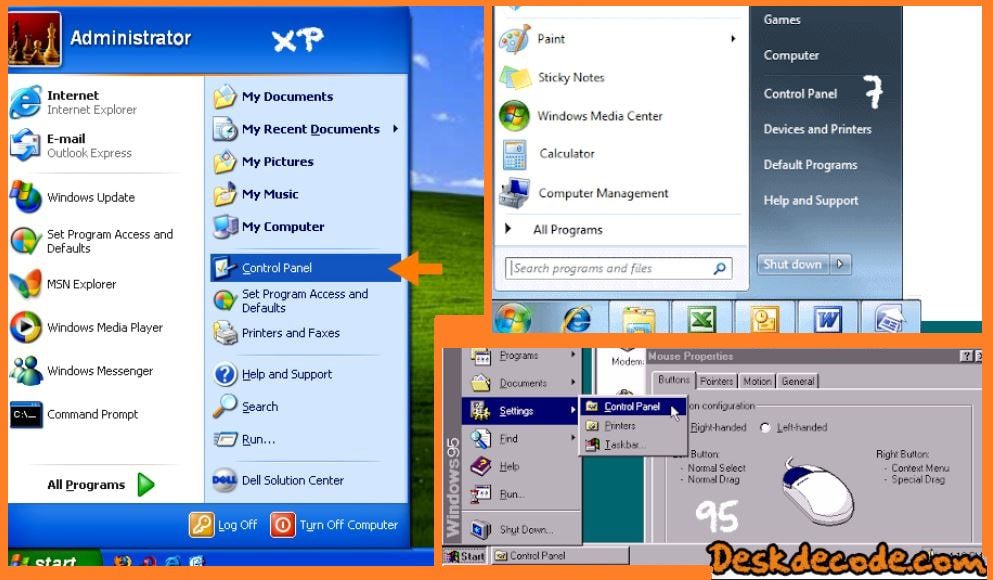 Windows 95 vs xp vs 7 Control-Panel